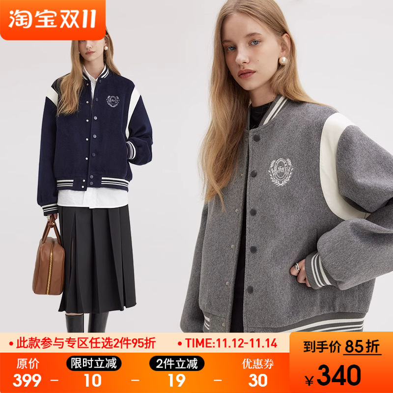 范洛2023冬季新款棒球棉服女加厚设计感复古学院风刺绣毛呢短外套