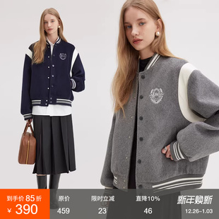 范洛Fano 复古学院风刺绣减龄毛呢料设计感上衣 棒球服外套女春季