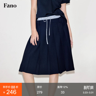 2026新款 范洛Fano 复古学院感双腰头撞格休闲百褶半身裙女夏薄款