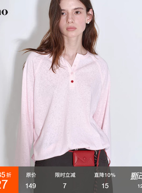 范洛Fano 休闲肌理感雪花棉亮色扣点缀插肩袖亨利领长袖t恤女春季