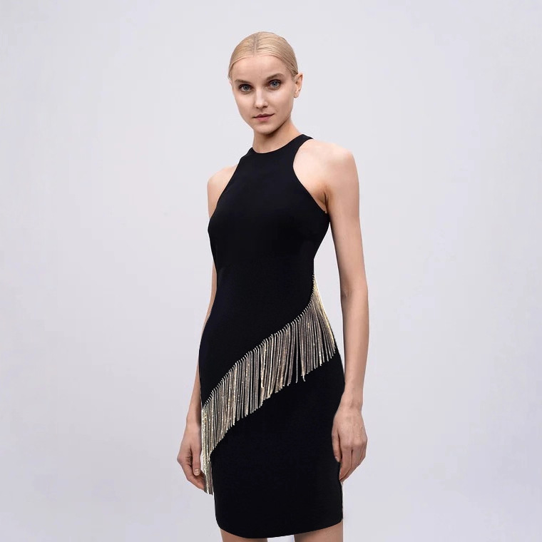 欧美绷带连衣裙长款流苏钻链性感修身派对晚礼服Bandage