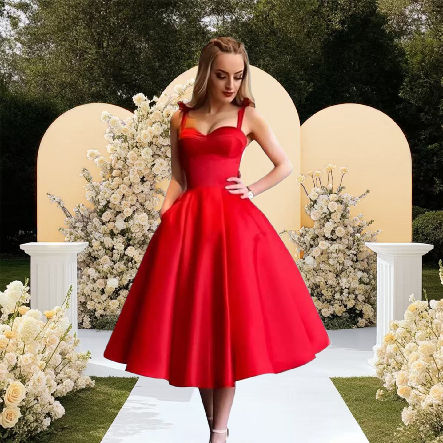 欧美新娘订婚红色敬酒服夏季吊带抹胸晚礼服多色可选可插口袋