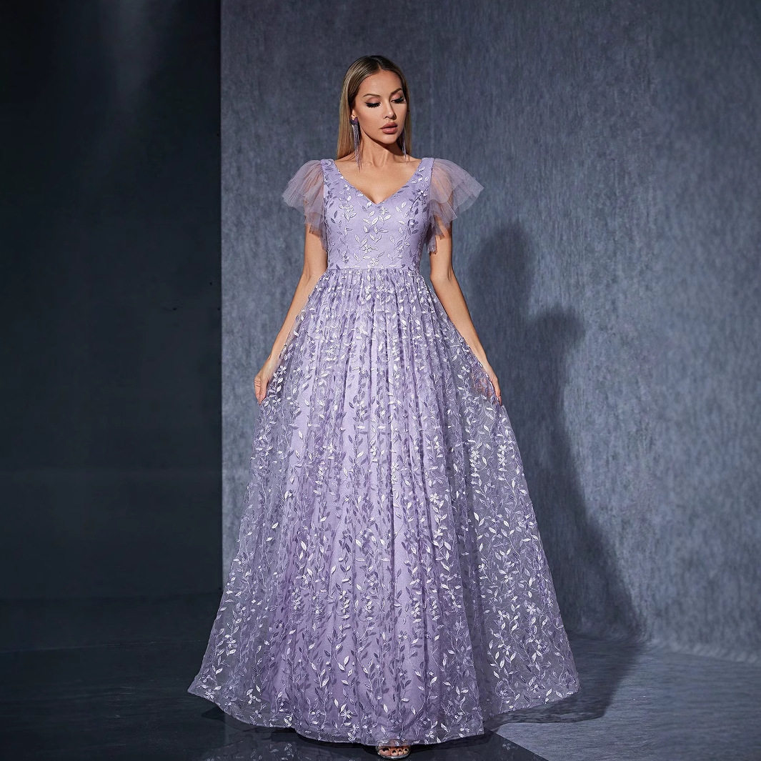 跨境2025新款刺绣大裙摆礼服写真拍照舞会小众晚礼服晚宴礼裙