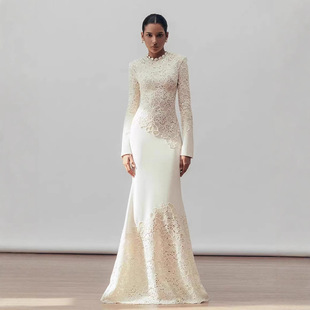 复古典雅钩花鱼尾连衣裙新款气质收腰宴会礼服长裙40320