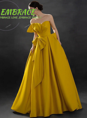 黄色抹胸生日成人礼晚礼服裙女轻奢小众端庄气质感声乐艺考主持人
