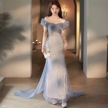 晚礼服裙女2024新款蓝色鱼尾高端轻奢小众高级感法式敬酒新娘婚纱