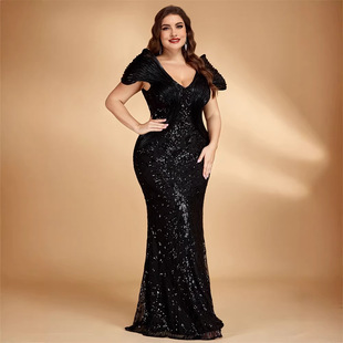欧美亚马逊肥婆装双肩珠片鱼丝定型优雅晚礼服酒会派对连衣裙女