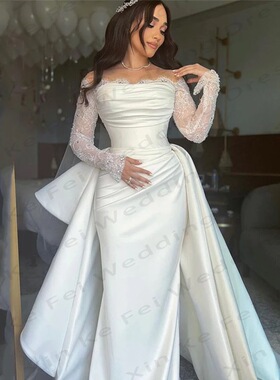 wedding dress轻婚纱蕾丝长袖轻奢显瘦新娘迎宾纱一字肩缎面结婚