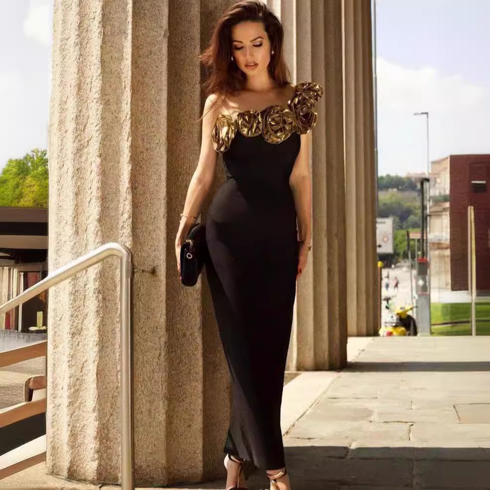 新款立体金色花朵单肩包臀绷带连衣裙时尚优雅派对跨境女装formal
