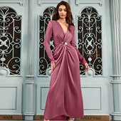 WBH10042Dress亚马逊春秋季 褶皱前开叉珠扣 V领长袖 款 简约ins时尚