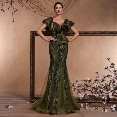 优雅荷叶袖珠片气质酒会正式晚宴礼服裙露背奢华人鱼毕业晚礼服