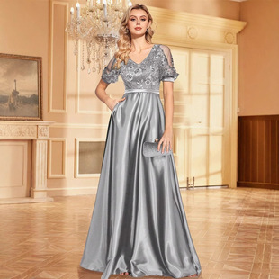 欧美大码时尚显瘦主持人毕业演出服高端派对金色伴娘裙晚礼服女