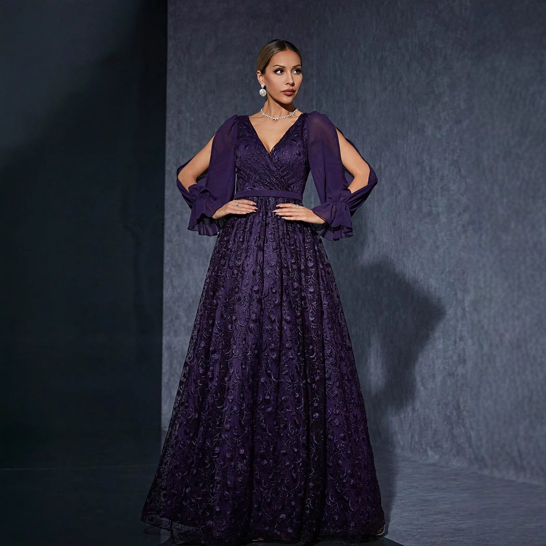 跨境亚马逊V领长袖礼服表演主持气质优雅晚礼服 修身气质舞会长裙