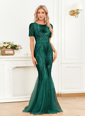 亚马逊欧美新款短袖绿色珠片连衣裙长裙鱼尾修身伴娘宴会晚礼服