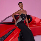 欧美新款 鱼尾裙开叉连衣裙 优雅性感抹胸珠片晚礼服女宴会气质修身