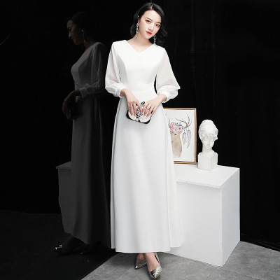 晚礼服裙女2023新款白色长袖简单大方气质优雅平时可穿宴会主持人