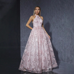 挂脖粉色甜美女孩礼服裙亚马逊欧美新款写真生日派对宴会晚礼服裙