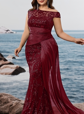 欧美轻奢酒红色斜肩蕾丝亮片鱼尾大码礼服oversized mermaid gown