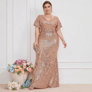 宴会晚礼服2025新款春季时尚优雅金色亮片收腰包臀显瘦礼服