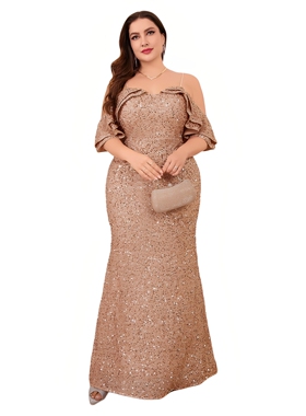 champagne gold fishtail maxi dress一字肩细肩带亮片大码礼服