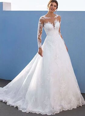 Wedding Dress Illusion Neck Scalloped Lace Train Bride Gown