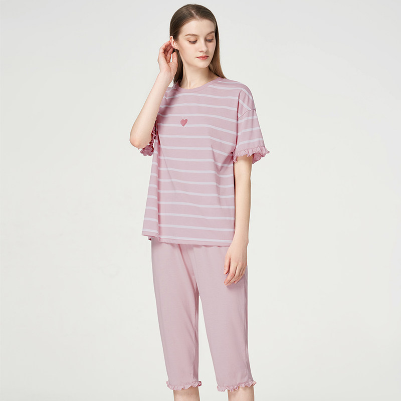 三枪睡衣新疆棉女夏季彩条水柔棉圆领短袖中裤纯棉女家居服套装