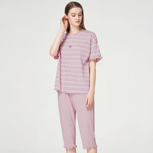 三枪睡衣新疆棉女夏季彩条水柔棉圆领短袖中裤纯棉女家居服套装