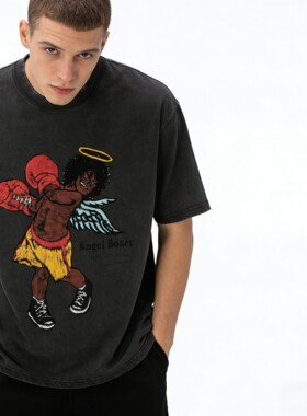 2026 BLAU GRUN 炒盐做旧拳击手复古印花宽松重磅个性潮牌短T