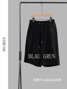 BLAUGRUN夏季新品男式系绳中裤纯棉刺绣羊头休闲百搭短裤男士裤子