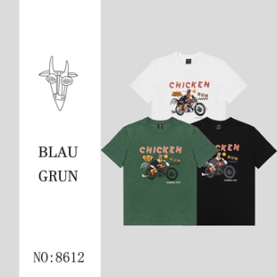 2026 BLAU GRUN新款机车图案磨毛休闲美式短袖男女情侣款个性t恤