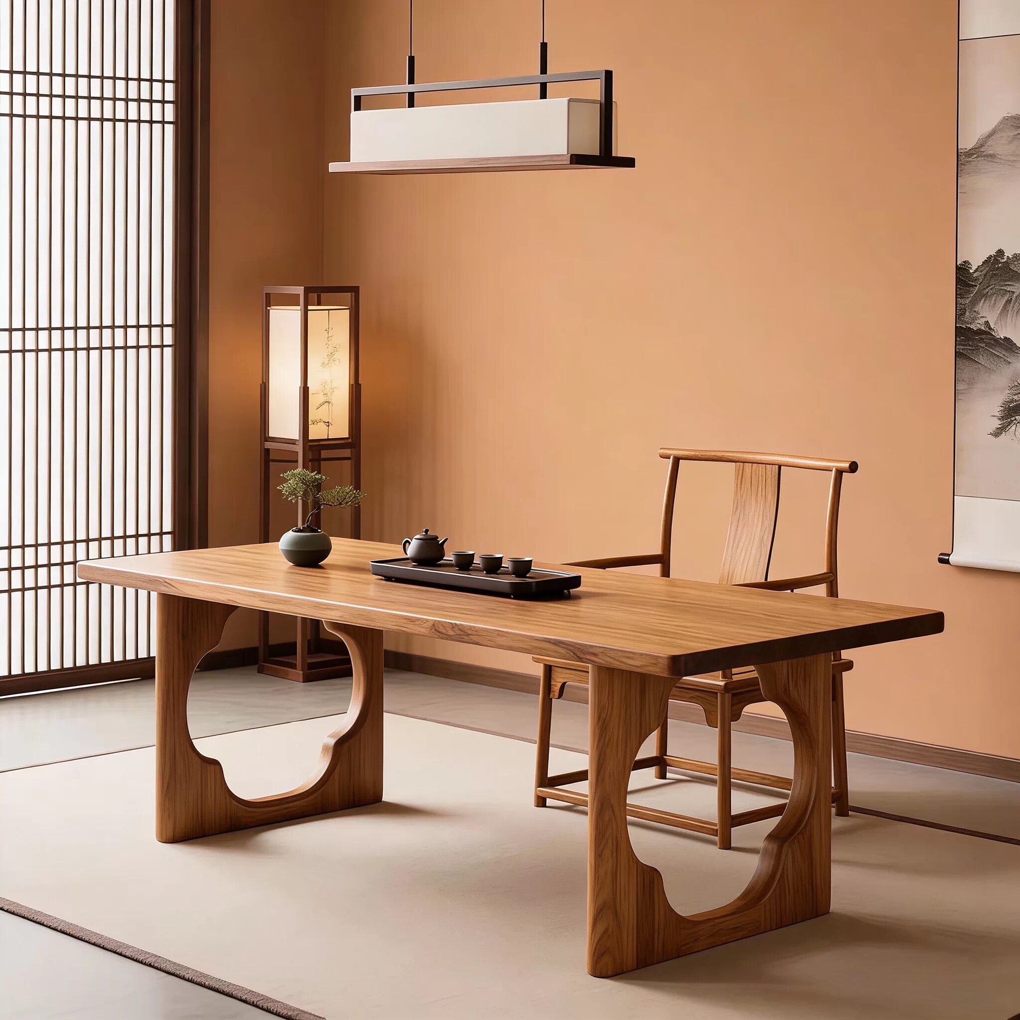 缅甸瓦城柚木茶桌新中式家具宋氏美学中古风长方形全实木餐桌书桌