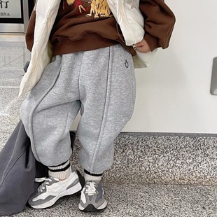 童装 弹力裤 男女宝宝纯色加厚加绒笑脸卫裤 一体绒休闲裤 韩版 冬款