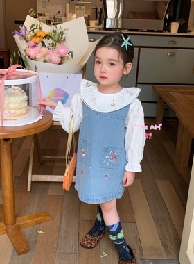 AH正版现货2026春季新款女童洋气娃娃领衬衫上衣牛仔背心裙套装