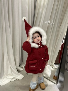 橙小七2025女童冬季 羽绒服宝宝加厚保暖精灵外套儿童红色年服