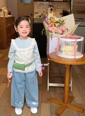 AH正版现货 2026春季新品韩版女童可爱吊带假两件屁帘牛仔裤