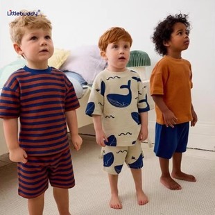 欧美风儿童纯棉卡通鲸鱼印花半袖 25年夏季 套装 男童短袖 T恤 新款