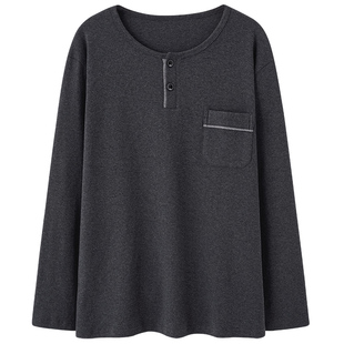 春秋季男款单件睡衣上衣长袖100%纯棉圆领套头休闲全棉家居服上装