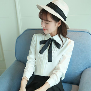 宽松学院风学生百搭蝴蝶结娃娃领衬衫 韩范长袖 春装 衬衣女2018新款