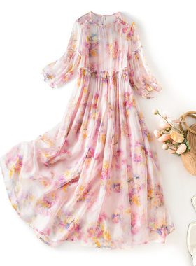 真丝时尚连衣裙薄款桑蚕丝潮流OL气质修身沙滩长裙85118