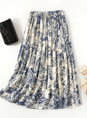 a字裙双绉真丝桑蚕丝印花半身裙81081