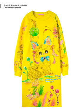 JIE LI/街力原创小众设计感休闲加绒加厚中长款黄色卫衣女A9703