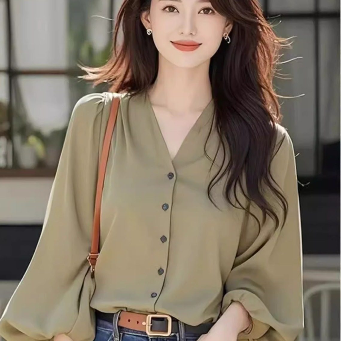 法式气质长袖衬衫女士2025春夏新款灯笼袖设计感显瘦棉麻V领上衣