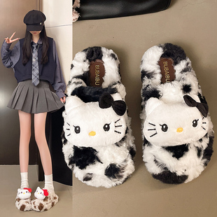 2026年时尚8829-2奶牛猫头百搭外穿软底家居保暖毛毛鞋女拖鞋