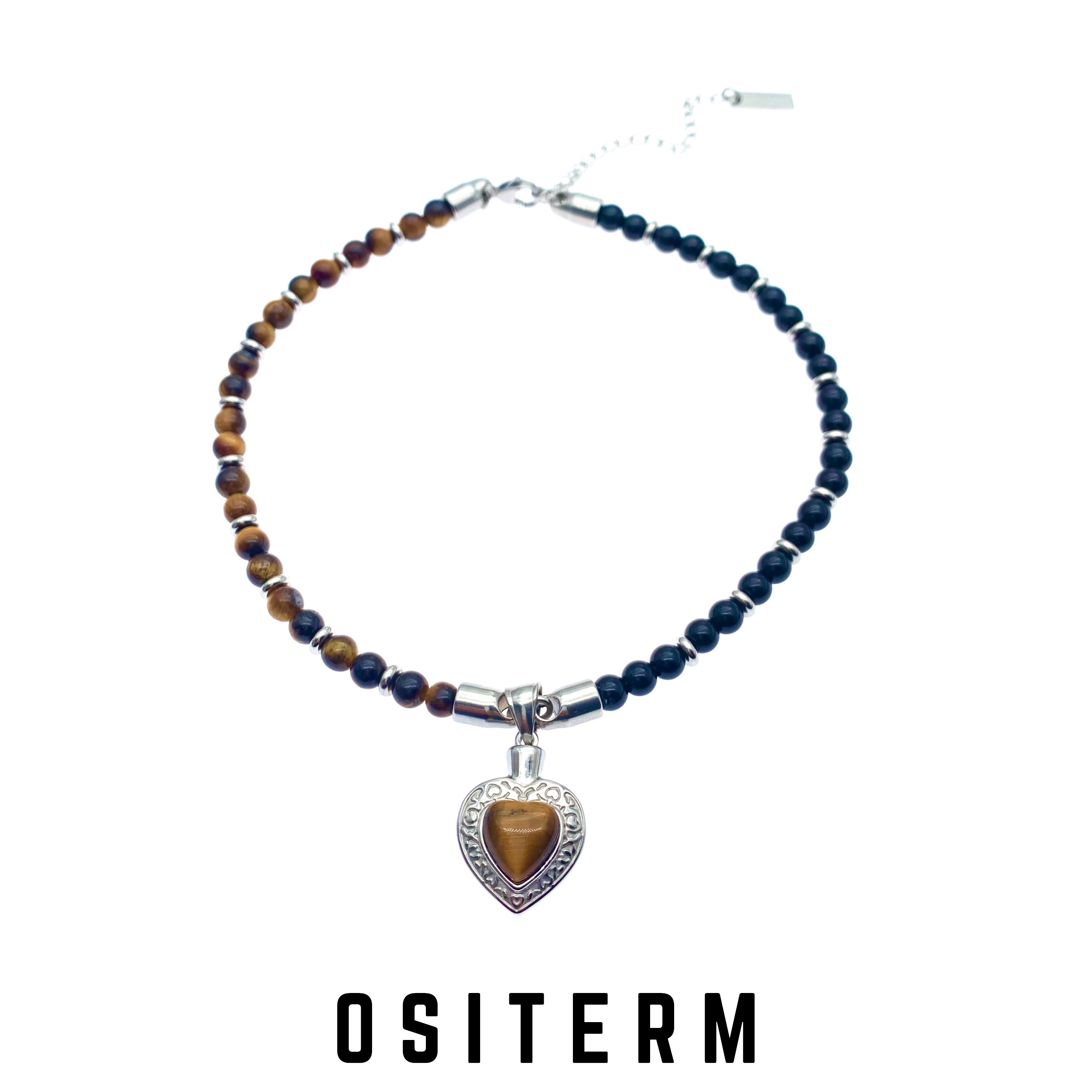 OSITERM美拉德配色爱心项链新年项链天然虎睛石不对称男女短项链