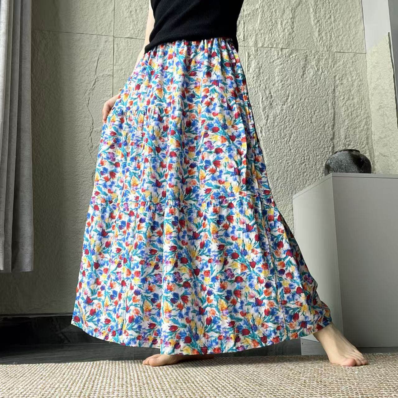 碎花棉绸睡裙半身裙家居服可外穿人造棉中长裙休闲宽松外穿半身裙