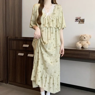 绵绸连衣裙 高级感长款 女春秋夏季 V领公主风防凸点棉绸睡裙春秋季