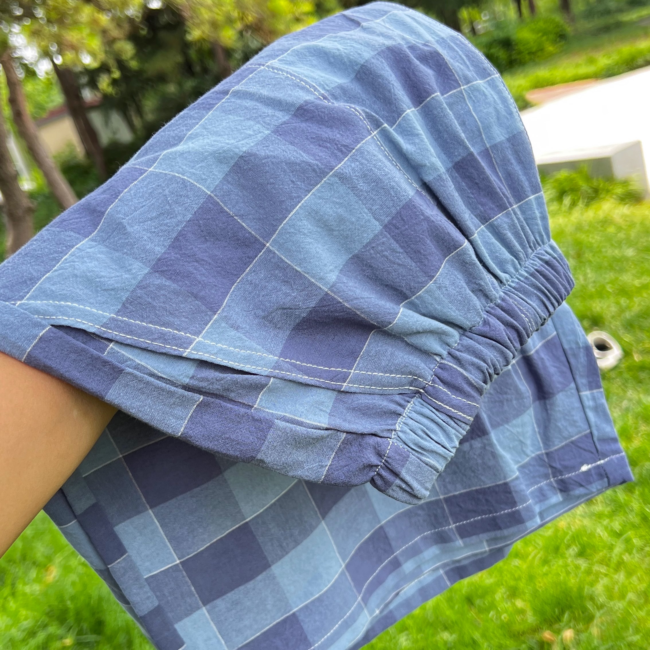 薄款夏季男士纯棉格子家居短睡裤