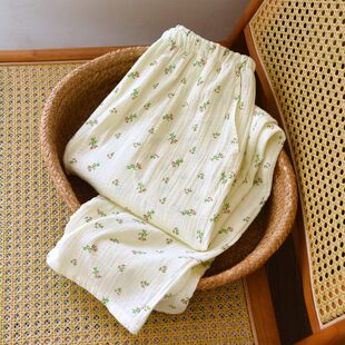 双层全棉纱布睡裤女长裤夏薄款甜美印花纯棉可外穿宽松遛弯家居裤