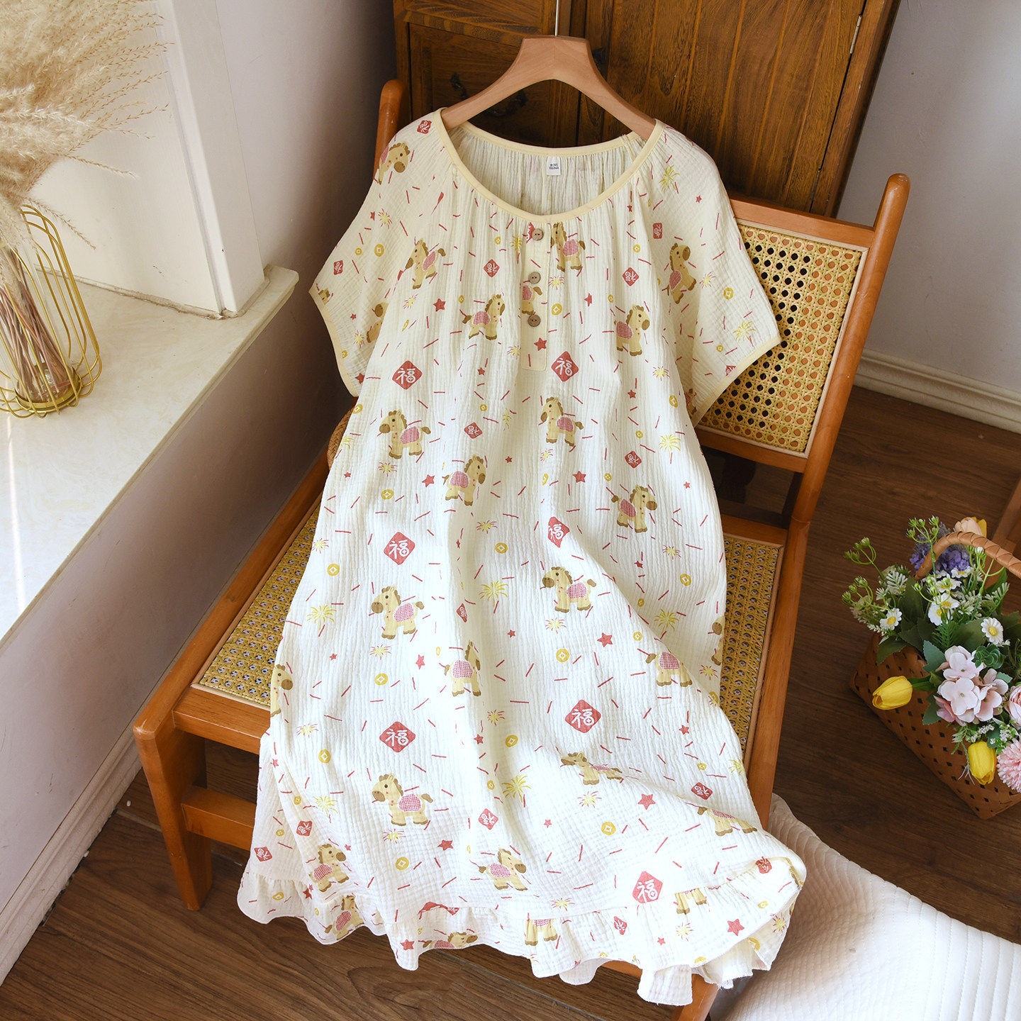 夏季薄款纯棉睡裙女短袖套头全棉双层棉纱宽松大码睡衣长裙家居服