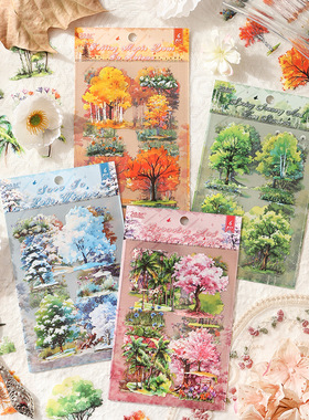 ZABC跨境 四季山涧系列 平张贴纸手账素材装饰拼贴打底4款